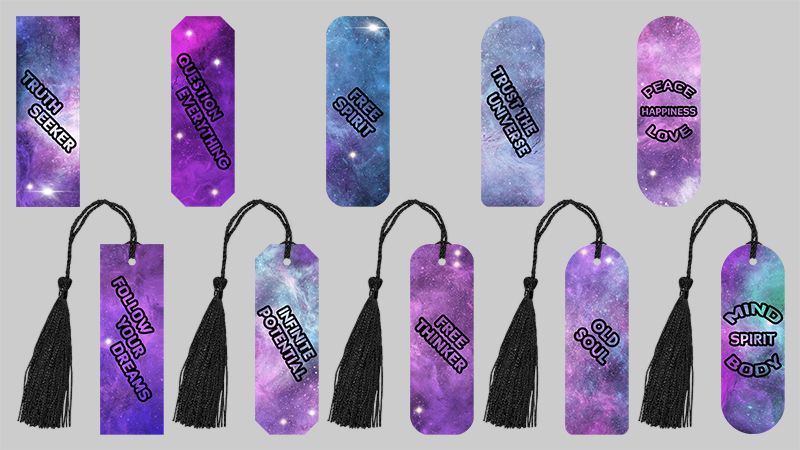 High vibe printable bookmarks with celestial nebula backgrounds.